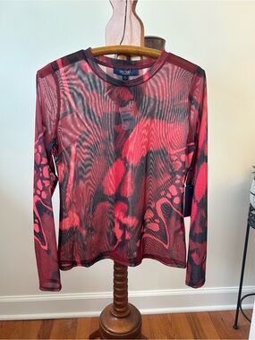 RACHEL Rachel Roy Red and Black Mesh Long-Sleeve Top Size Medium